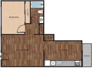 Floor plan for 1 bed, 1 bath, 600 sqft